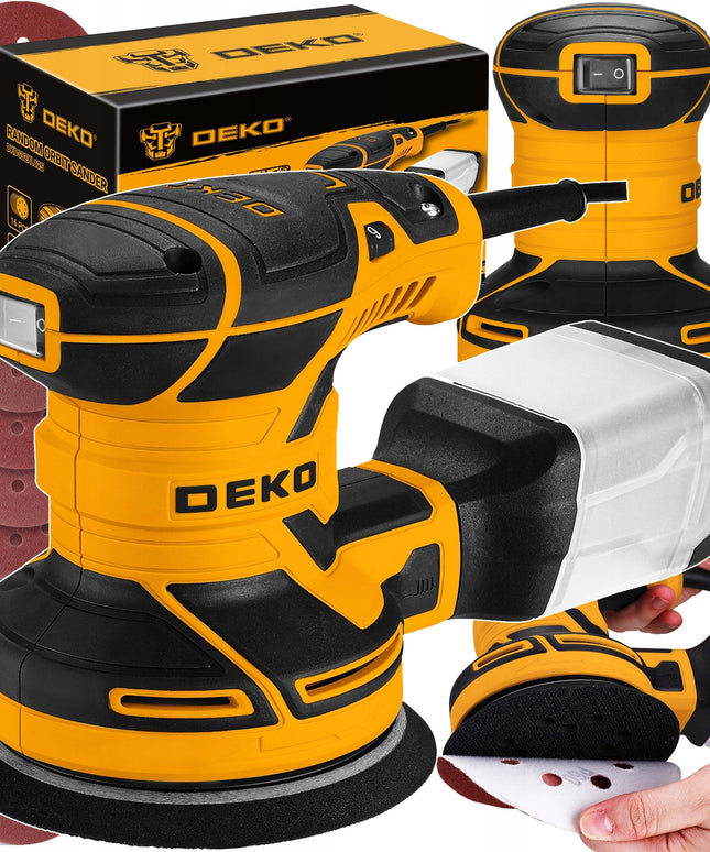 Osciliacinė ekscentrinė šlifuoklė DEKO DKOS32XL125 320W su dulkių surinkimo konteineriu ir 16 švitrinių diskų rinkiniu – elektrinė 125mm šlifuoklė medžiui ir metalui
