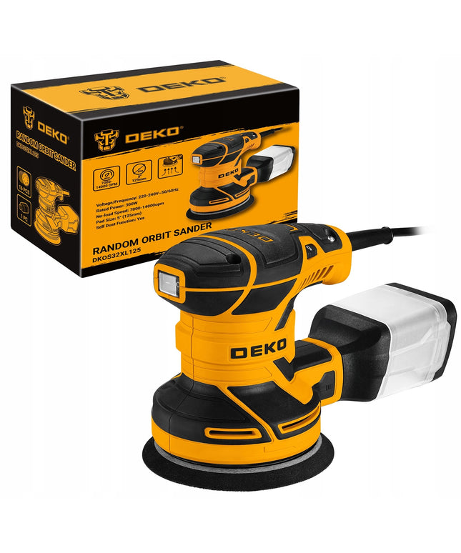Osciliacinė ekscentrinė šlifuoklė DEKO DKOS32XL125 320W su dulkių surinkimo konteineriu ir 16 švitrinių diskų rinkiniu – elektrinė 125mm šlifuoklė medžiui ir metalui