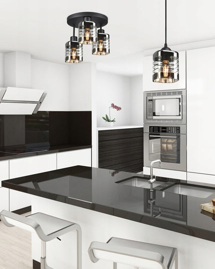 Pakabinama stiklinė lubinė lempa su trimis gaubtais (E27, metalinė)