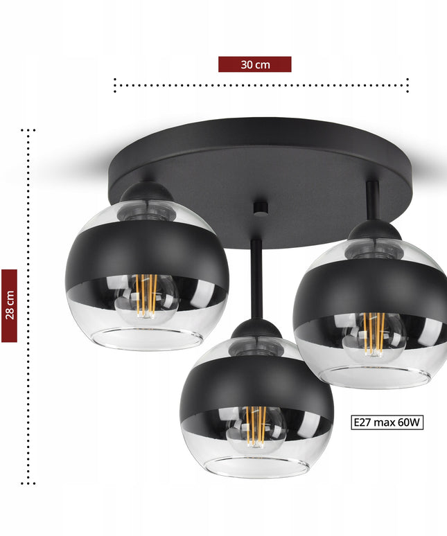 Pakabinamas lubinis šviestuvas su stikliniais rutuliais ir juoda juosta (Luxolar, E27)