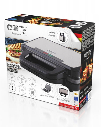 Panini sumuštinių keptuvė – elektrinė grilinė 2in1 Camry CR 3067, 1400W, nelimpanti danga, XXL plokštės