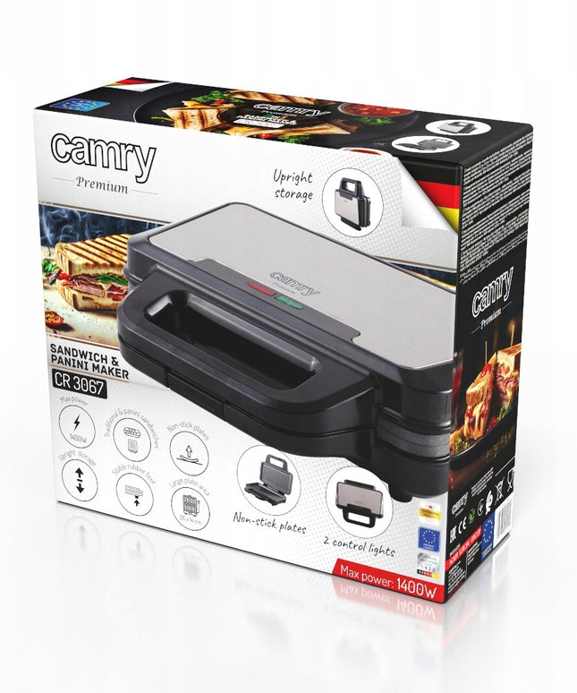 Panini sumuštinių keptuvė – elektrinė grilinė 2in1 Camry CR 3067, 1400W, nelimpanti danga, XXL plokštės
