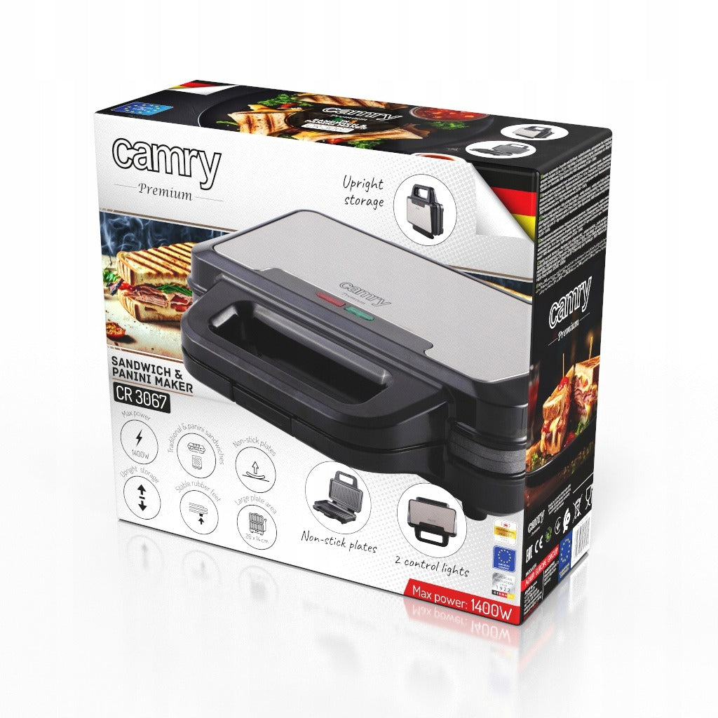 Panini sumuštinių keptuvė – elektrinė grilinė 2in1 Camry CR 3067, 1400W, nelimpanti danga, XXL plokštės