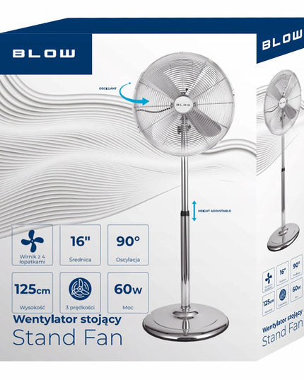 Pastatomas ventiliatorius BLOW su 4 mentėmis, 60W, 125cm, tylus ir galingas metalinis