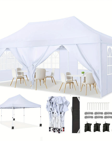 Balta išsiskleidžianti pavėsinė 3x6 m su šoninėmis sienelėmis – elegantiškas pasirinkimas lauko šventėms ir renginiams