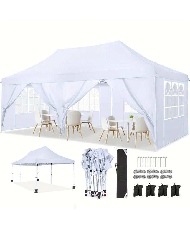 Balta išsiskleidžianti pavėsinė 3x6 m su šoninėmis sienelėmis – elegantiškas pasirinkimas lauko šventėms ir renginiams