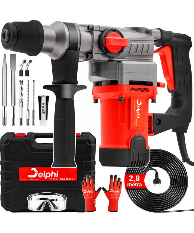 Perforatorius Delphi Tools SDS+ 2200W su 3 funkcijomis, kaltu ir grąžtų rinkiniu lagamine – galingas smūginis gręžtuvas betonavimui, medžiui ir metalui