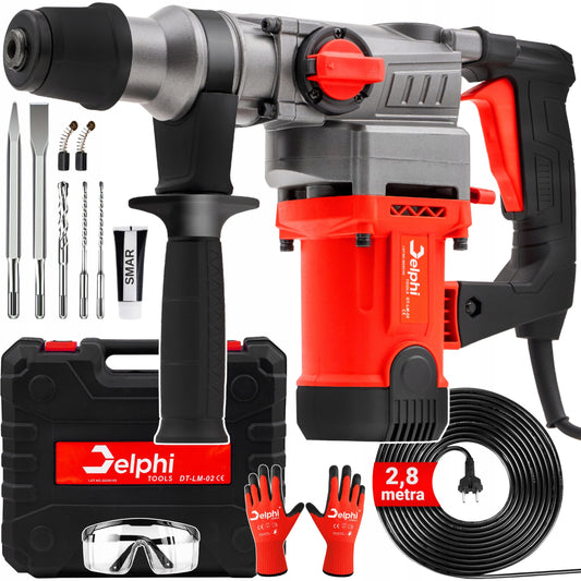 Perforatorius Delphi Tools SDS+ 2200W su 3 funkcijomis, kaltu ir grąžtų rinkiniu lagamine – galingas smūginis gręžtuvas betonavimui, medžiui ir metalui