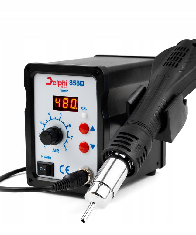 Plastiko suvirinimo stotelė Delphi Tools 858D su karšto oro lituokliu, 500 g plastiko rišikliu ir pilnu priedų komplektu