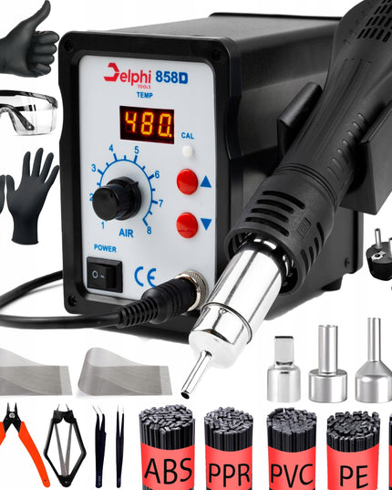Plastiko suvirinimo stotelė Delphi Tools 858D su karšto oro lituokliu, 500 g plastiko rišikliu ir pilnu priedų komplektu