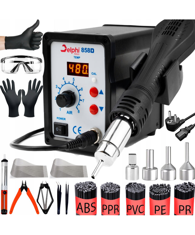 Plastiko suvirinimo stotelė Delphi Tools 858D su karšto oro lituokliu, 500 g plastiko rišikliu ir pilnu priedų komplektu