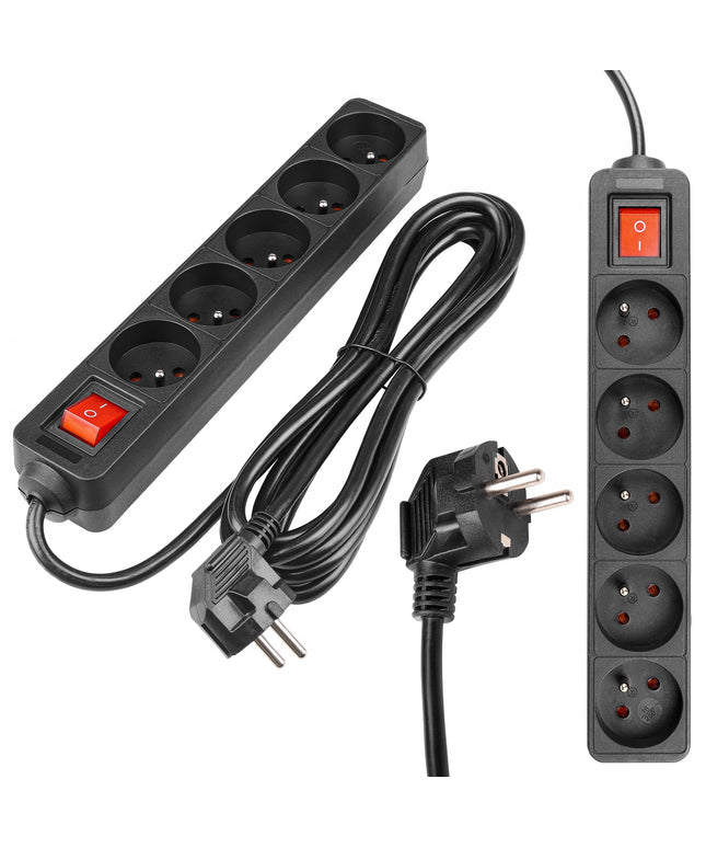Prailgintuvas su 5 lizdais 3m su įžeminimu, juodas, 3x1,5mm kabelis, 3680W