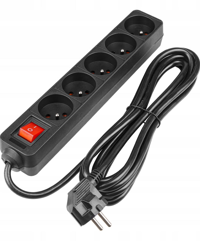 Prailgintuvas su 5 lizdais 3m su įžeminimu, juodas, 3x1,5mm kabelis, 3680W