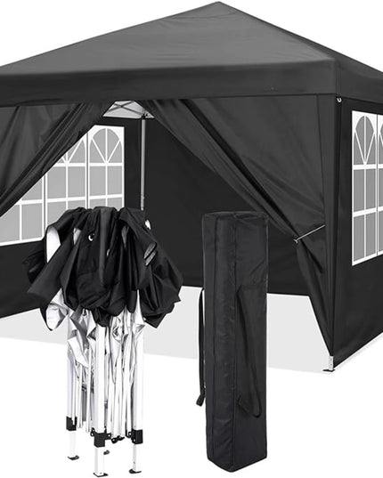 Juoda prekybinė paviljono palapinė 3x3 m su sienelėmis – greitai pastatoma ir tvirta pavėsinė šventėms, renginiams, prekybai