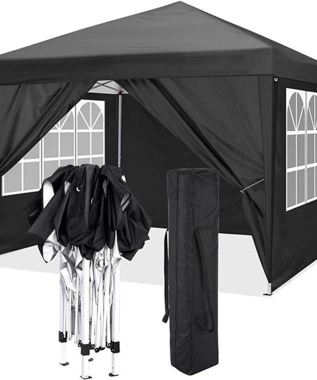 Juoda prekybinė paviljono palapinė 3x3 m su sienelėmis – greitai pastatoma ir tvirta pavėsinė šventėms, renginiams, prekybai