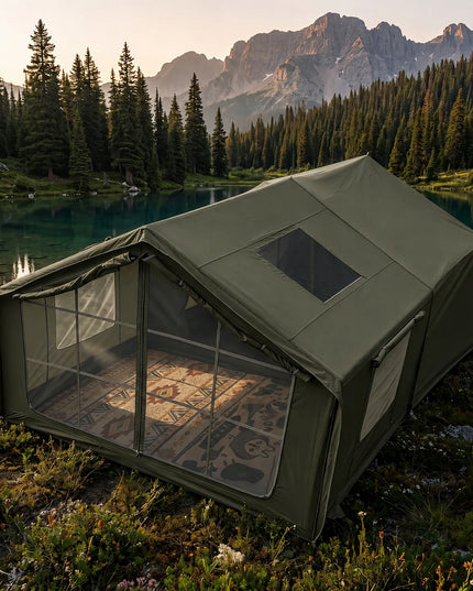 Pripučiamas kempingo ir glamping palapinė 5-7 asmenims, didelis prieangis, Oxford 420D