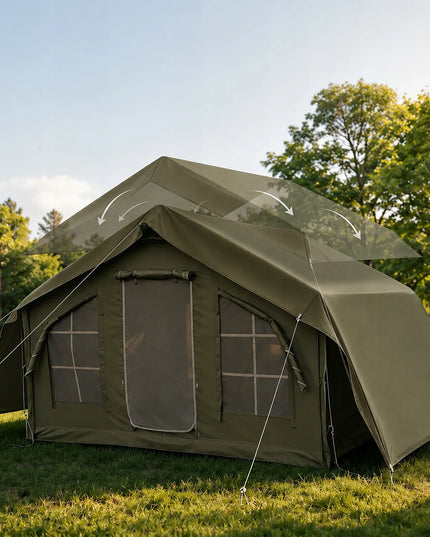 Pripučiamas kempingo ir glamping palapinė 5-7 asmenims, didelis prieangis, Oxford 420D