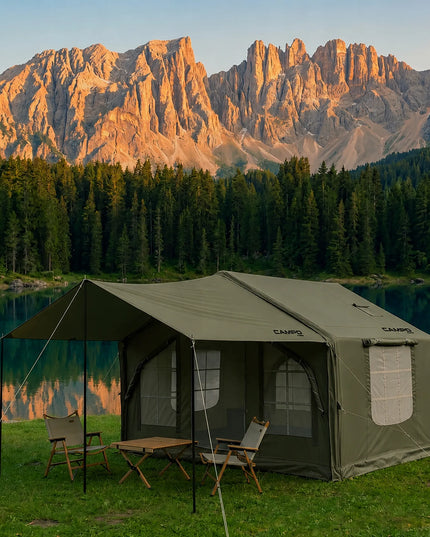 Pripučiamas kempingo ir glamping palapinė 5-7 asmenims, didelis prieangis, Oxford 420D