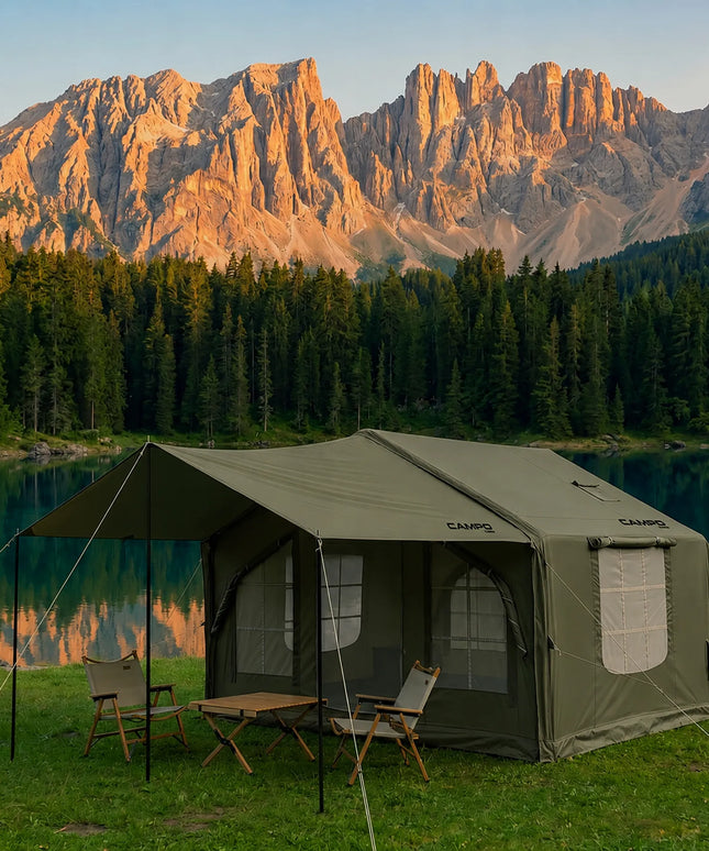 Pripučiamas kempingo ir glamping palapinė 5-7 asmenims, didelis prieangis, Oxford 420D