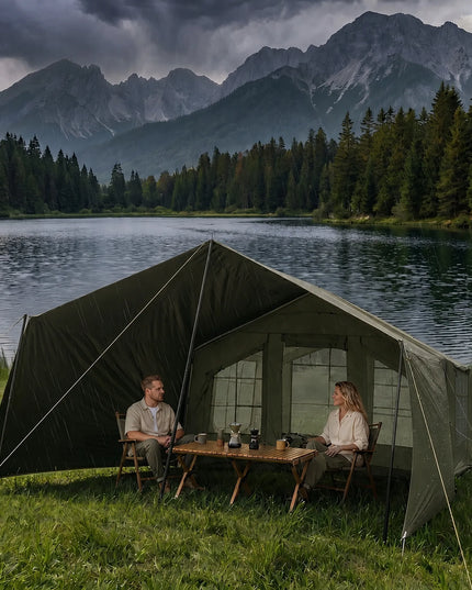 Pripučiamas kempingo ir glamping palapinė 5-7 asmenims, didelis prieangis, Oxford 420D