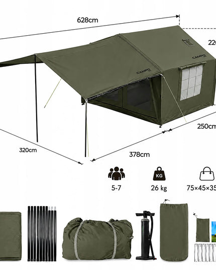 Pripučiamas kempingo ir glamping palapinė 5-7 asmenims, didelis prieangis, Oxford 420D