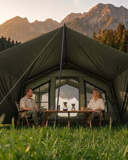 Pripučiamas kempingo ir glamping palapinė 5-7 asmenims, didelis prieangis, Oxford 420D