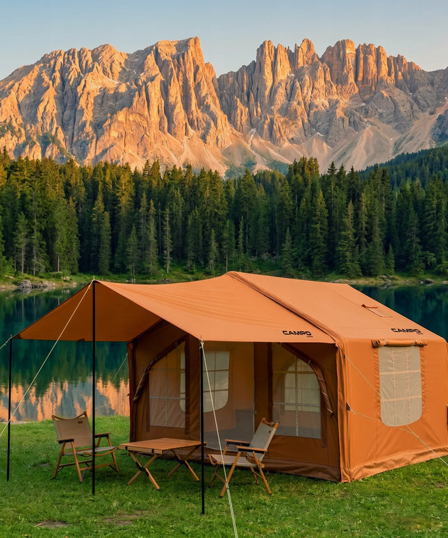 Pripučiamas kempingo ir glampingo palapinės 5–7 asmenims, didelis prieangis, Oxford 420D