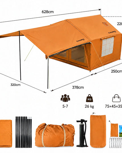 Pripučiamas kempingo ir glampingo palapinės 5–7 asmenims, didelis prieangis, Oxford 420D