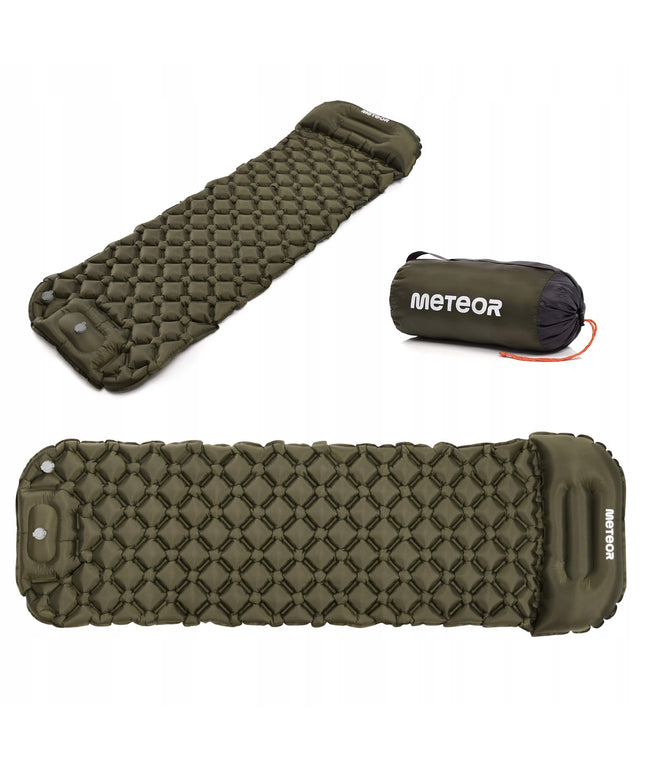 Pripučiamas turistinis kilimėlis Meteor 190x56x4 cm su integruotu kojiniu siurbliu ultralengvas kilimėlis stovyklavimui alyvuogių spalvos