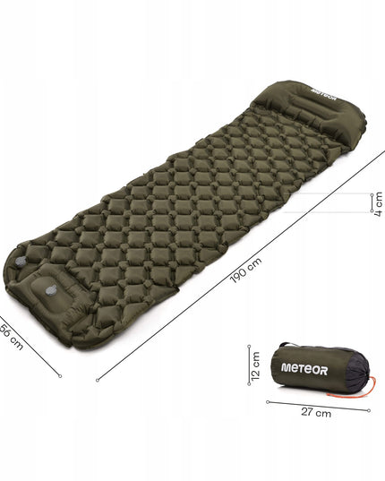 Pripučiamas turistinis kilimėlis Meteor 190x56x4 cm su integruotu kojiniu siurbliu ultralengvas kilimėlis stovyklavimui alyvuogių spalvos