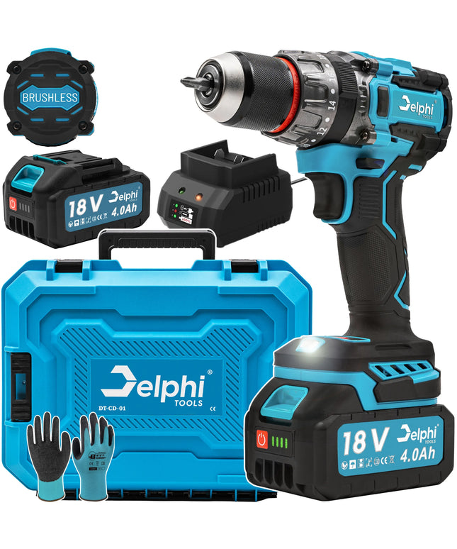 Profesionalus akumuliatorinis gręžtuvas-suktuvas Delphi Tools, 18V, 4 Ah, su smūgine funkcija
