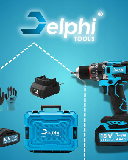 Profesionalus akumuliatorinis gręžtuvas-suktuvas Delphi Tools, 18V, 4 Ah, su smūgine funkcija