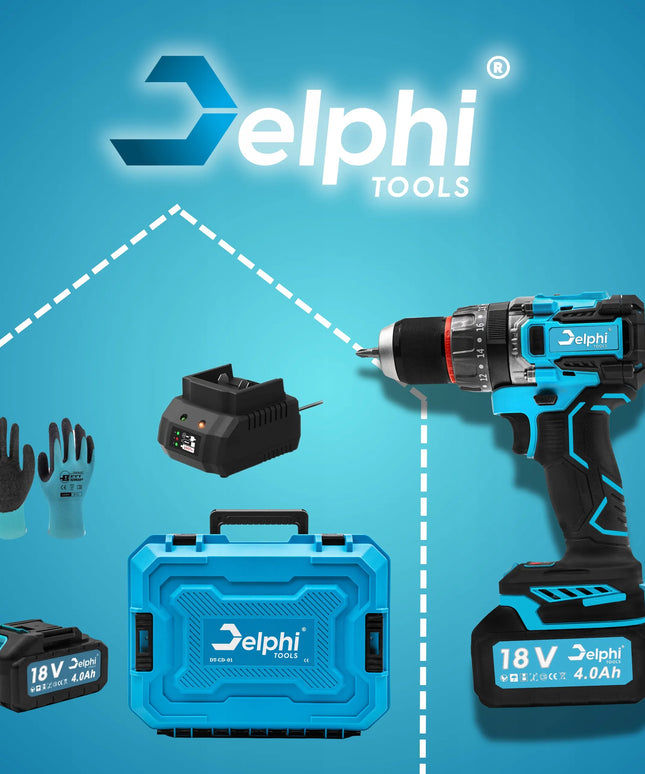 Profesionalus akumuliatorinis gręžtuvas-suktuvas Delphi Tools, 18V, 4 Ah, su smūgine funkcija