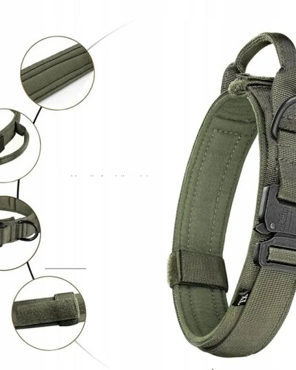 Profesionalus taktinis šuns antkaklis su metaline sagtimi ir tvirtu pavadžiu 48-60 cm XL