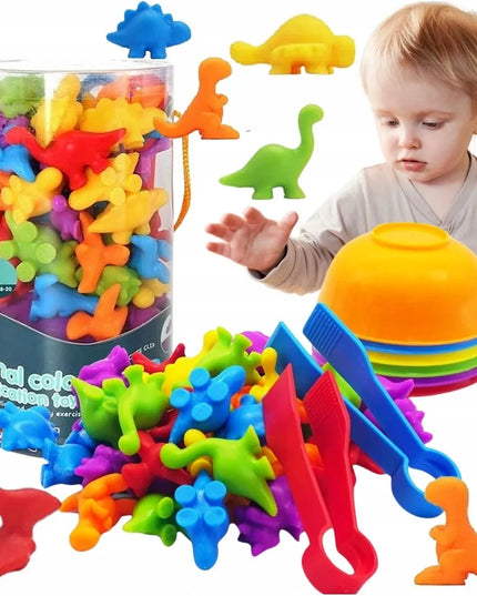 QULKI skaičiavimo ir spalvų mokymosi rinkinys – edukacinis Montessori žaidimas su dinozaurų figūrėlėmis tūtelėje