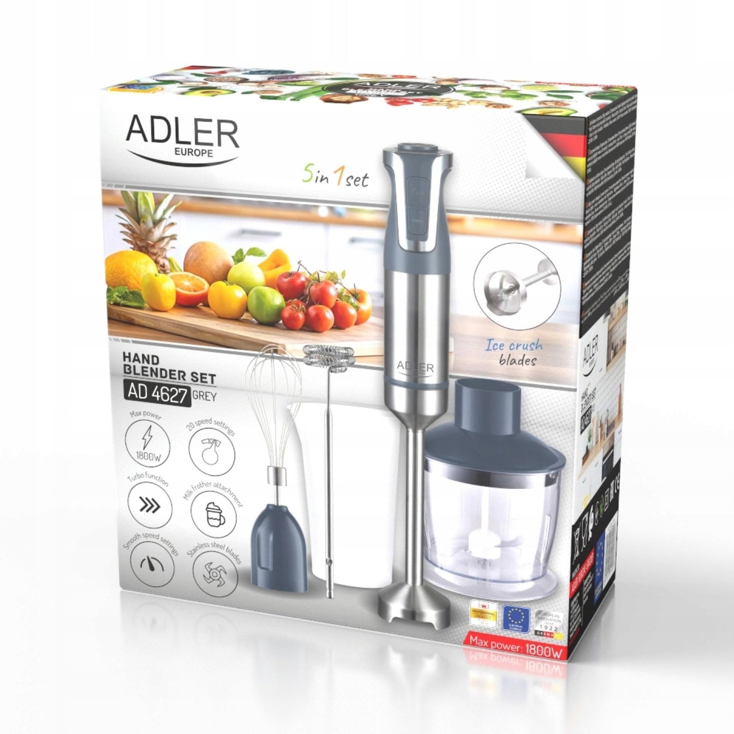 Rankinis blenderis Adler CR – 1800W, 20 greičių nustatymai + Turbo, su smulkintuvu, plaktuvu ir pieno putų gaminimo funkcija