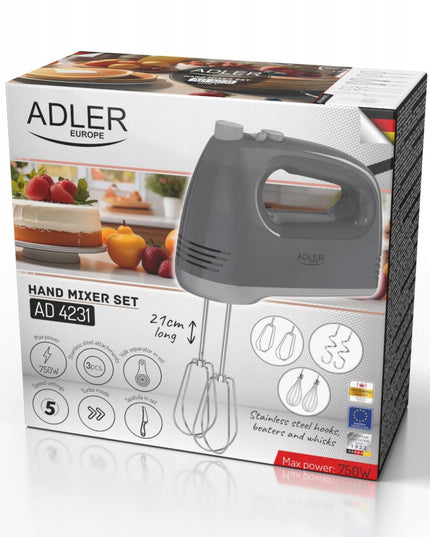 Rankinis mikseris Adler AD4231 – 750W, 5 greičiai + TURBO, nerūdijančio plieno priedai, su papildomais aksesuarais