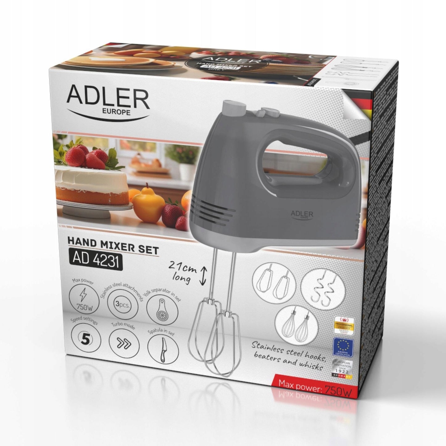 Rankinis mikseris Adler AD4231 – 750W, 5 greičiai + TURBO, nerūdijančio plieno priedai, su papildomais aksesuarais
