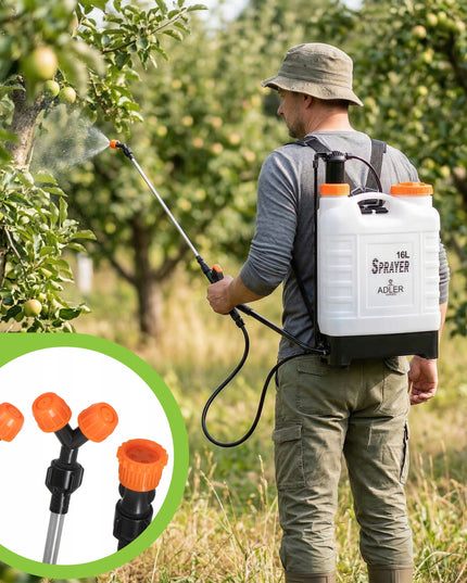 Rankinis slėginis kuprinės tipo purkštuvas 16L, ilgas purškimo antgalis 83 cm, žarna 115 cm