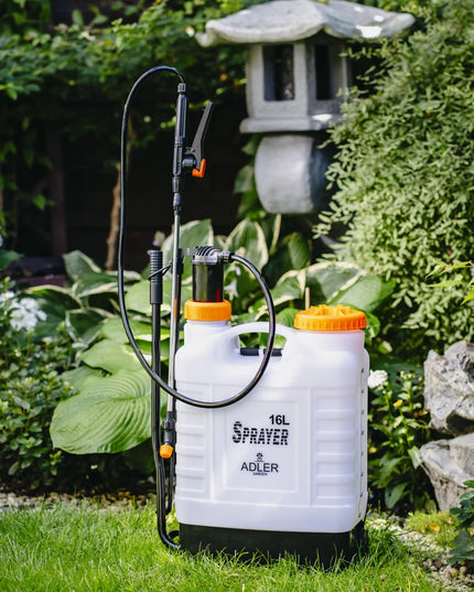 Rankinis slėginis kuprinės tipo purkštuvas 16L, ilgas purškimo antgalis 83 cm, žarna 115 cm