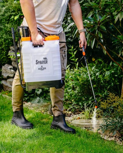 Rankinis slėginis kuprinės tipo purkštuvas 16L, ilgas purškimo antgalis 83 cm, žarna 115 cm