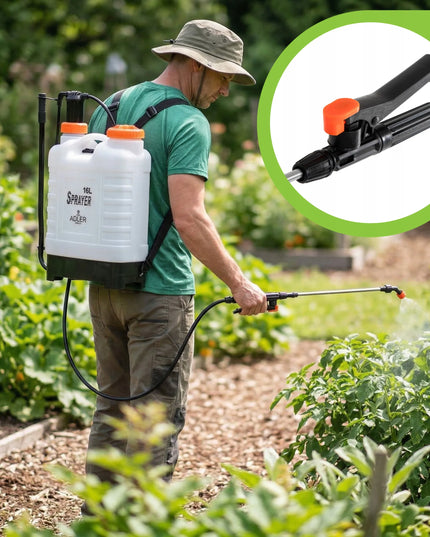 Rankinis slėginis kuprinės tipo purkštuvas 16L, ilgas purškimo antgalis 83 cm, žarna 115 cm