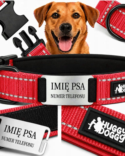 Raudonas atspindintis HUGGY DOGGY L antkaklis šunims su graviravimu
