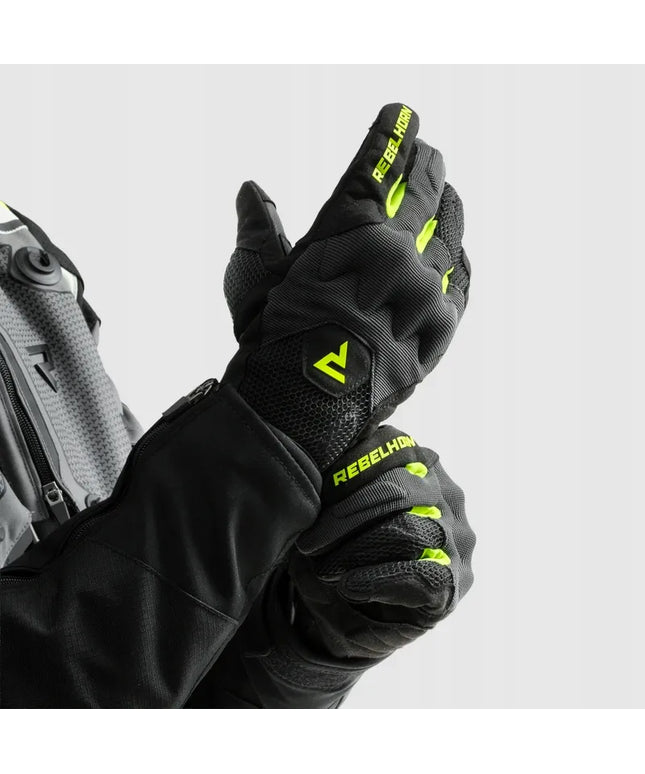REBELHORN CORE BLACK GREY FLUO vyriškos trumpos vasarinės motociklininko pirštinės L dydis