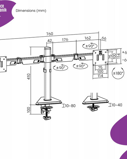 Reguliuojamas Spacetronik laikiklis dviem monitoriams 17-32 colių, 24 kg, VESA