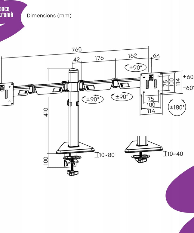 Reguliuojamas Spacetronik laikiklis dviem monitoriams 17-32 colių, 24 kg, VESA