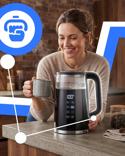 RETOO belaidis elektrinis virdulys, 1,7 l, 2200 W, stiklinis, su temperatūros reguliavimu