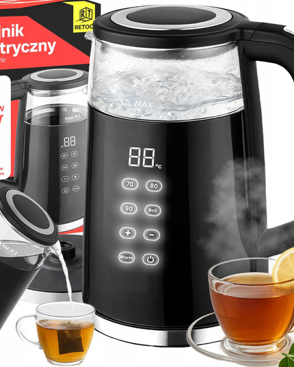 RETOO belaidis elektrinis virdulys, 1,7 l, 2200 W, stiklinis, su temperatūros reguliavimu