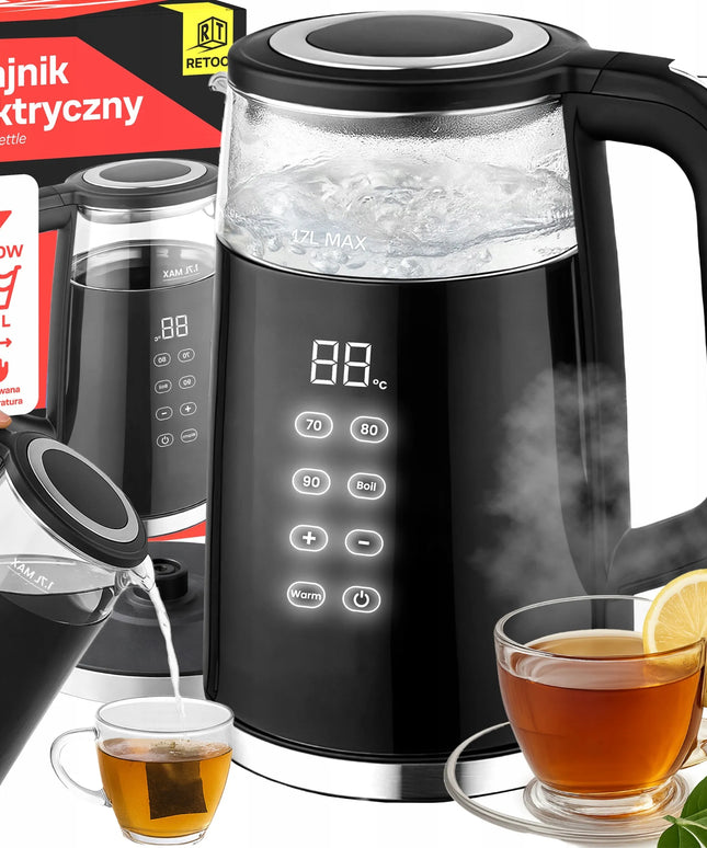 RETOO belaidis elektrinis virdulys, 1,7 l, 2200 W, stiklinis, su temperatūros reguliavimu
