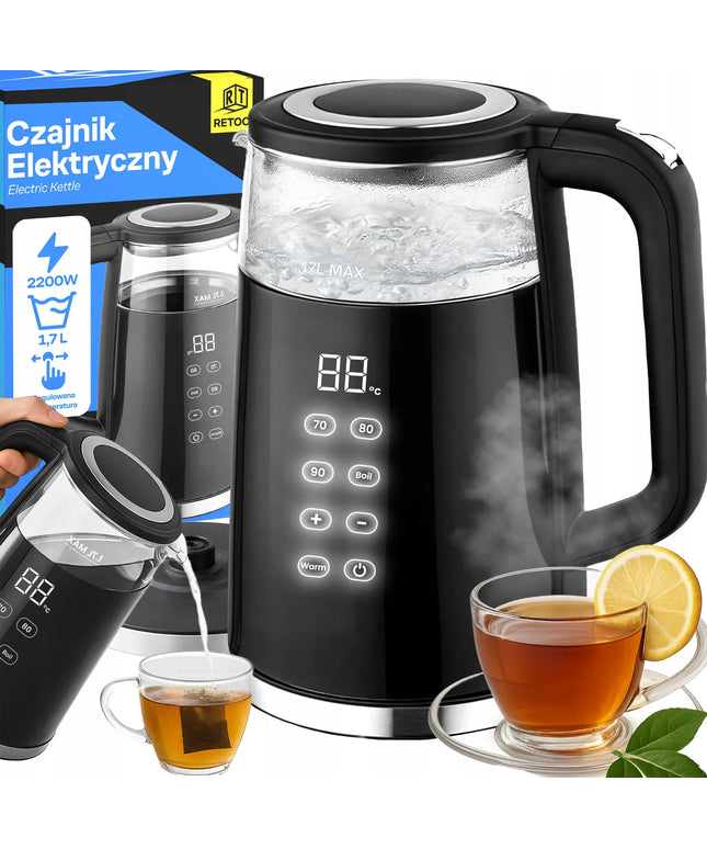 RETOO belaidis elektrinis virdulys, 1,7 l, 2200 W, stiklinis, su temperatūros reguliavimu
